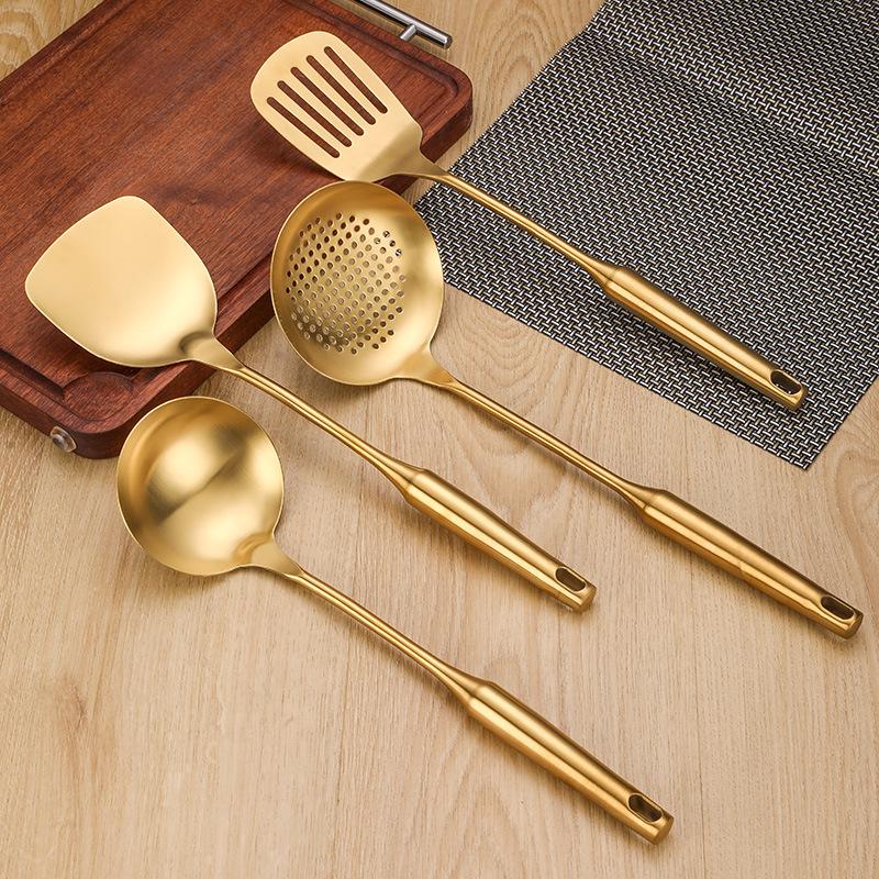 Gold-Plated 304 Stainless Steel Kitchen Utensil Set: Spoon, Spatula, Ladle, Skimmer, Wok Spatula, Rice Spoon, Slotted Spoon, Noodle Spoon