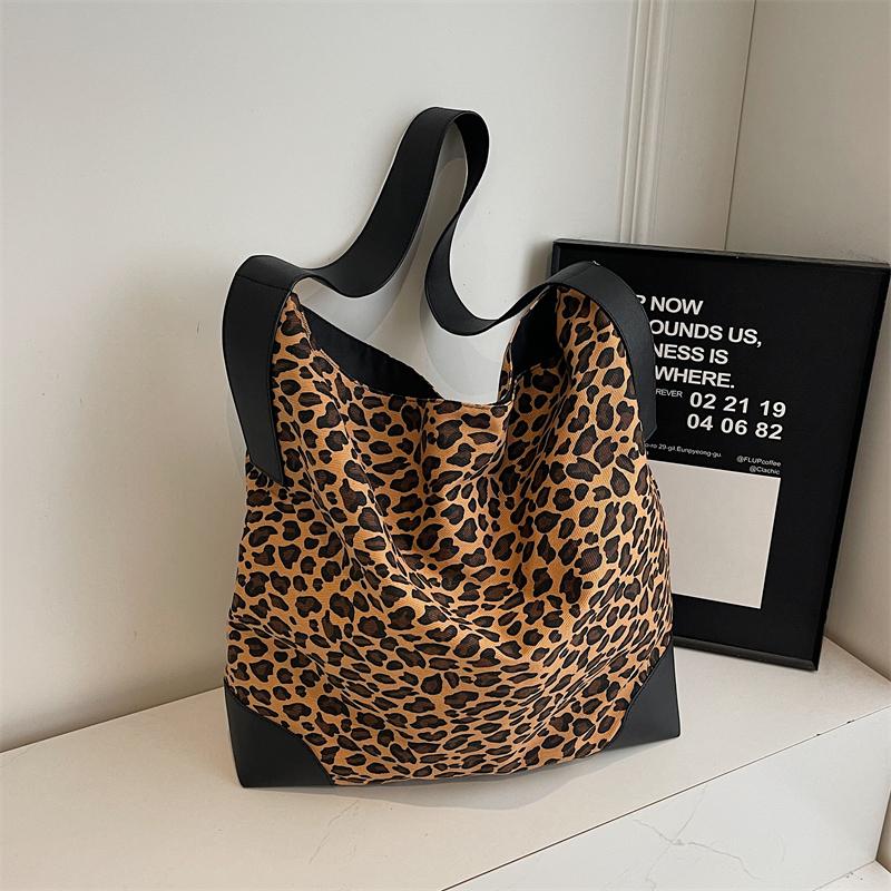 Leopard Print Large Capacity Tote Bag Women's Vintage Canvas Shoulder Crossbody Bag