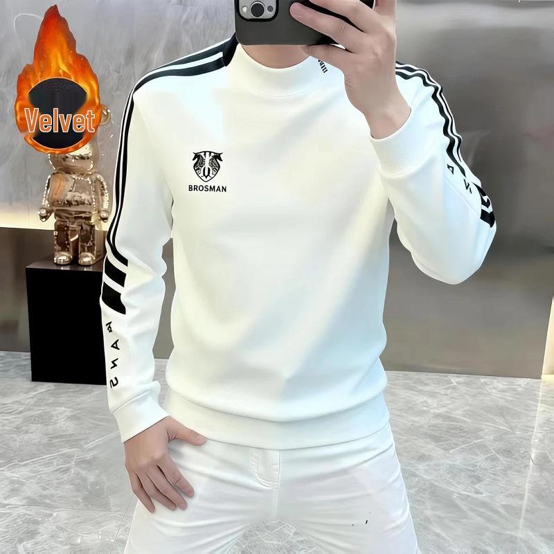 Men s European Trend Fleece-Lined Casual Korean Style Sweatshirt - Long-Sleeved & Round Neck 3XL белый