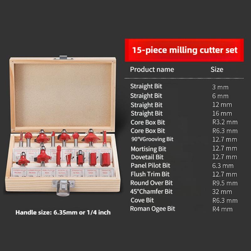 1/4 Kante 15 Stück Fräser-Set Trimmmaschine Werkzeugkopf-Set 6,35 mm Spannfutter Fräser Holzbearbeitungswerkzeug