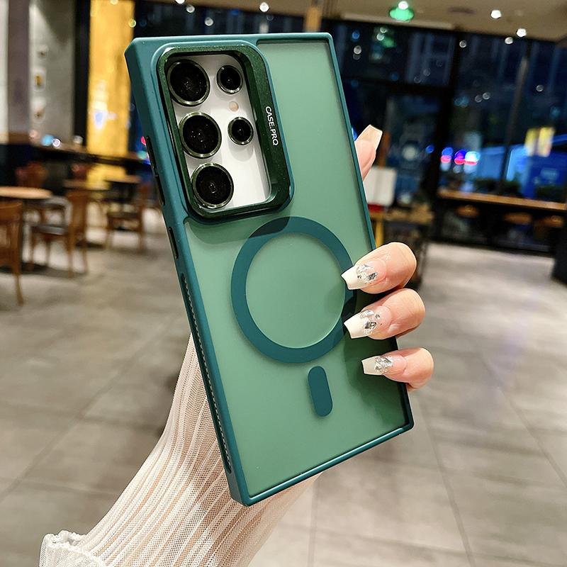 For Magsafe Magnetic Wireless Charging Metal Lens Holder TPU Frame Phone Case For Samsung S24 Ultra Plus Matte PC Back Cover