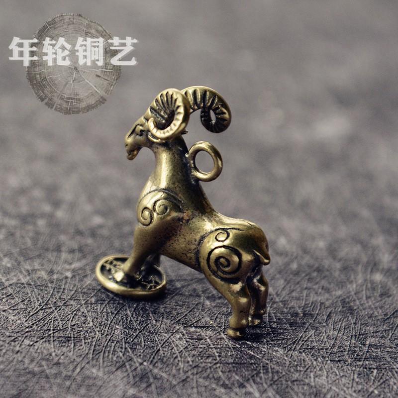 Solid Brass Lucky Goat Keychain With Coin-Stepping Design Ethnic Style Animal Charm Key Ring Accessory