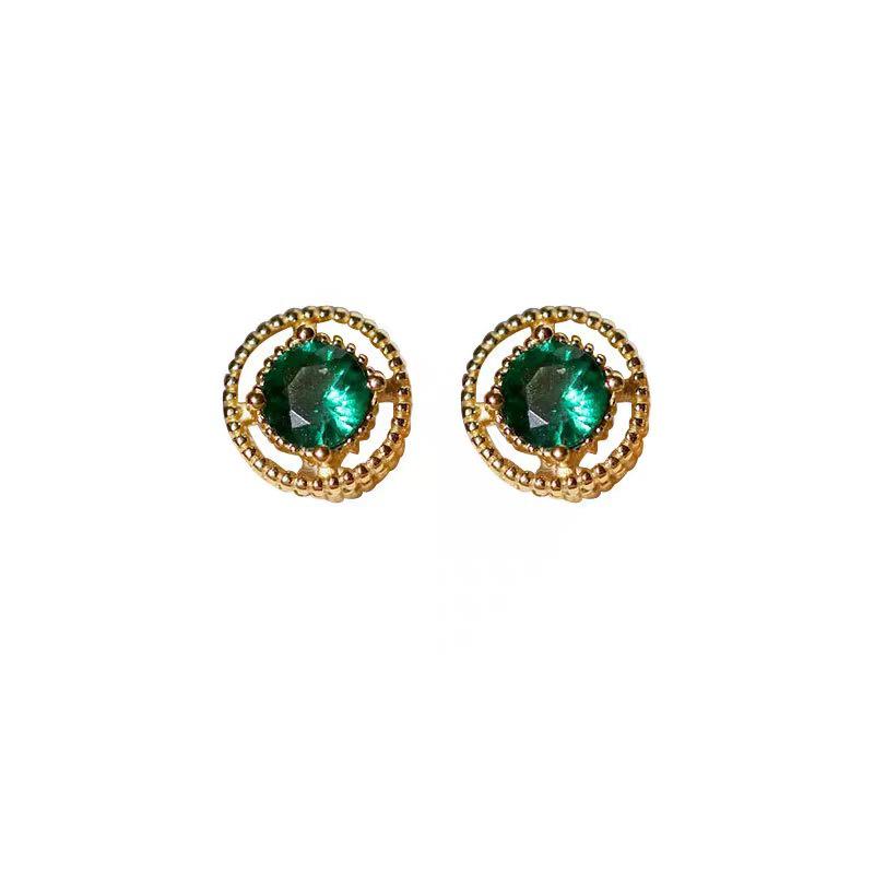 Beixi S925 Sterling Silver Baroque Carved Emerald Stud Earrings for Women - French Light Luxury High-End Retro Design