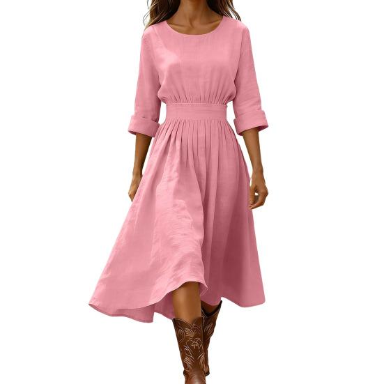 

Women s Cotton Linen Midi Dress Casual Crew Neck Long Sleeve Swing Dress Summer S