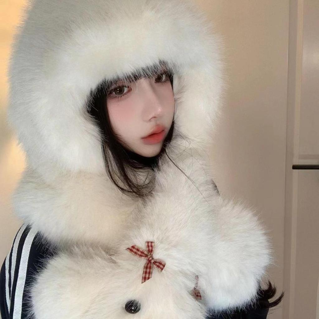 Women's Super Cute Bowknot Puppy Autumn Winter Warm Hat Scarf Integrated Face-Flattering Ear Protection Cute Hat