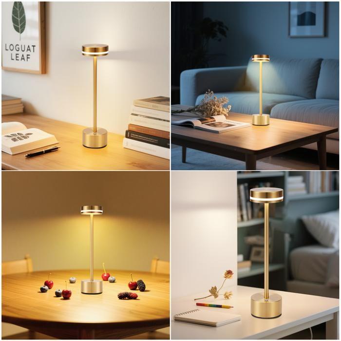 Table Lamp - NETTLIFE - USB-C Rechargeable Model - Dimmable - Wireless - Metal Gold