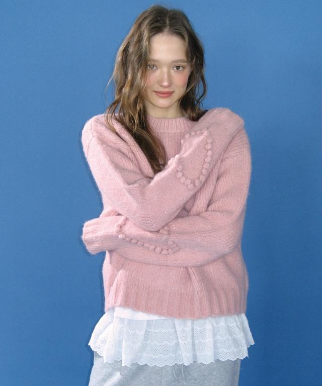 RONRON Handmade Heart Sleeve Point Pullover Knit Cream Pink