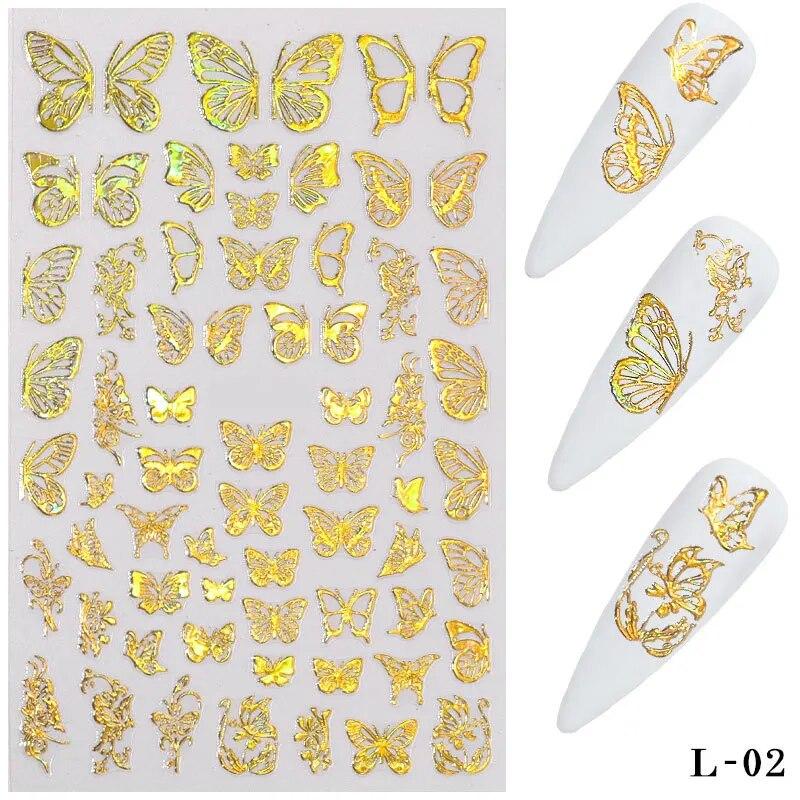 3D Holographic Butterfly Nail Art Stickers Adhesive Gold Silver Laser Foil Nail Decals For Women Girls DIY Manicure Decoration
