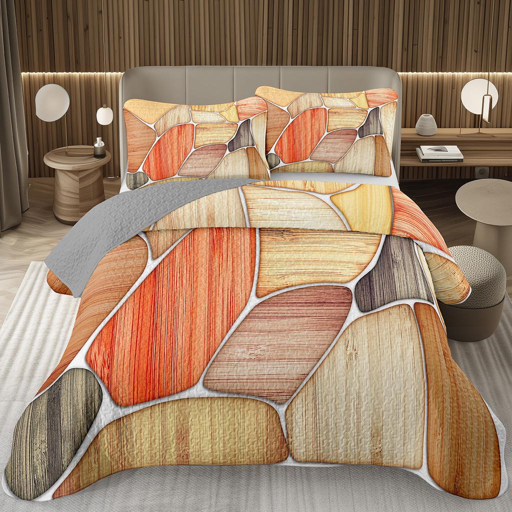 Wood Barn Door Bedspread Queen/Twin Wood Grain Quilted Coverlet Retro Rustic Farmhouse Bedding Set Reversible Grey Quilt Set