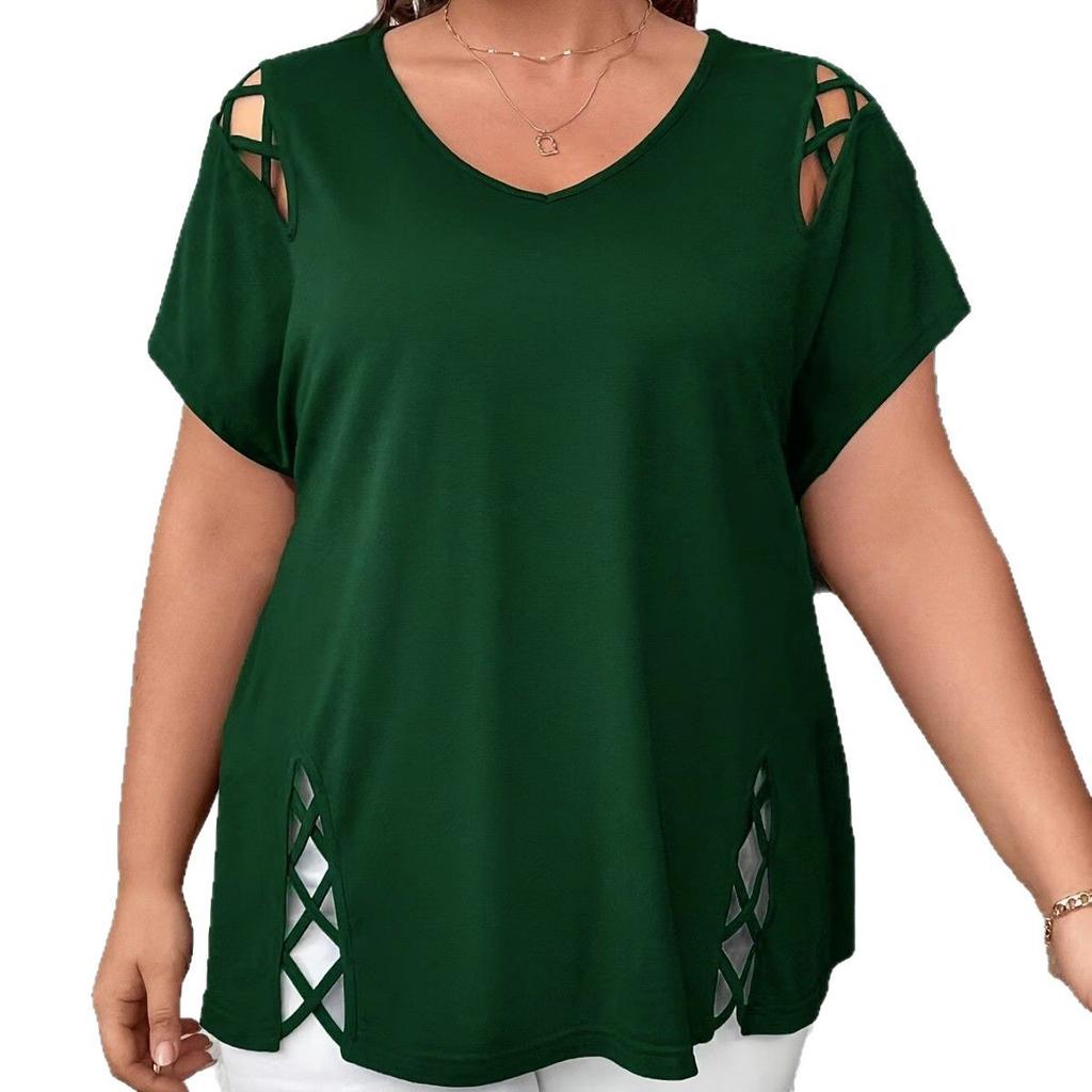 Women's Hollow-Out Design Top, Short Sleeve T-Shirt, V-Neck, Crisscross Straps