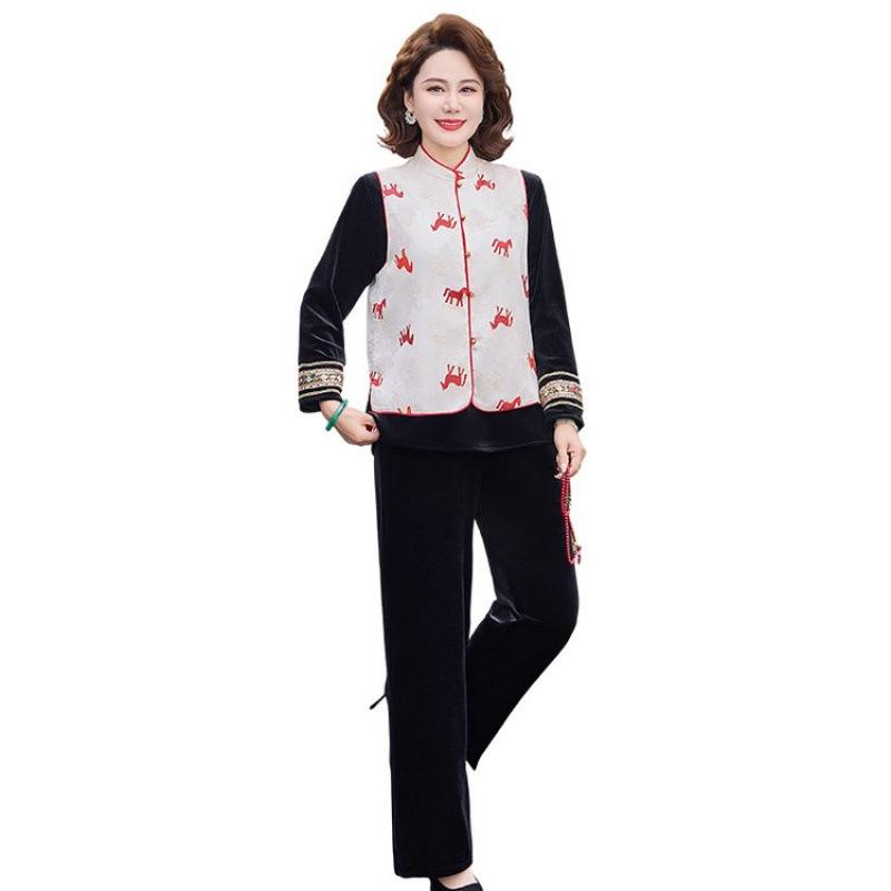 

Mom s Chic Long-Sleeve Top: Mid-Aged Women s Spring & Autumn Wear, Embroidered Chinese-Style Vest, Golden Velvet Suit 4XL (135-150 lbs) білий