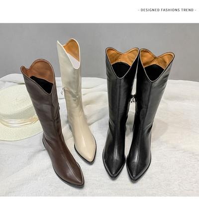Herfst en winter V-mond western cowboylaarzen retro zijrits puntige hoge ridderlaarzen dikke hak maar knielaarzen