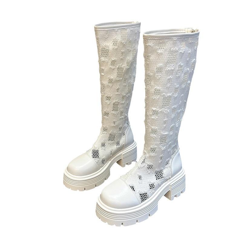 Coarse heel high heel boots women's summer new mesh breathable knee boots niche design cool boots