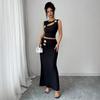 Women Solid Metal Hollow Textured Sleeveless Top Hip Wrap Long Skirt Two Piece Set