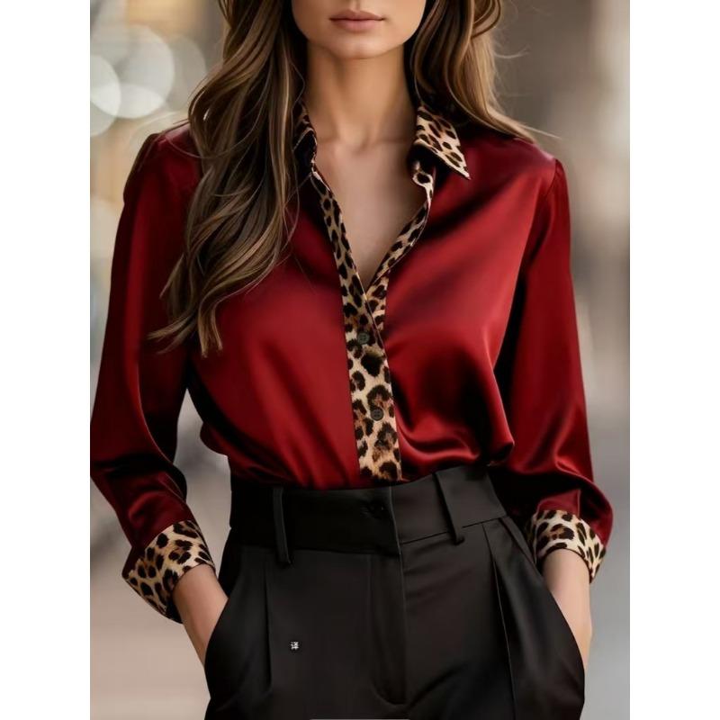 Spring and Autumn New Long Sleeve Leopard Satin Lapel Casual Daily Commuting Shirt for Women