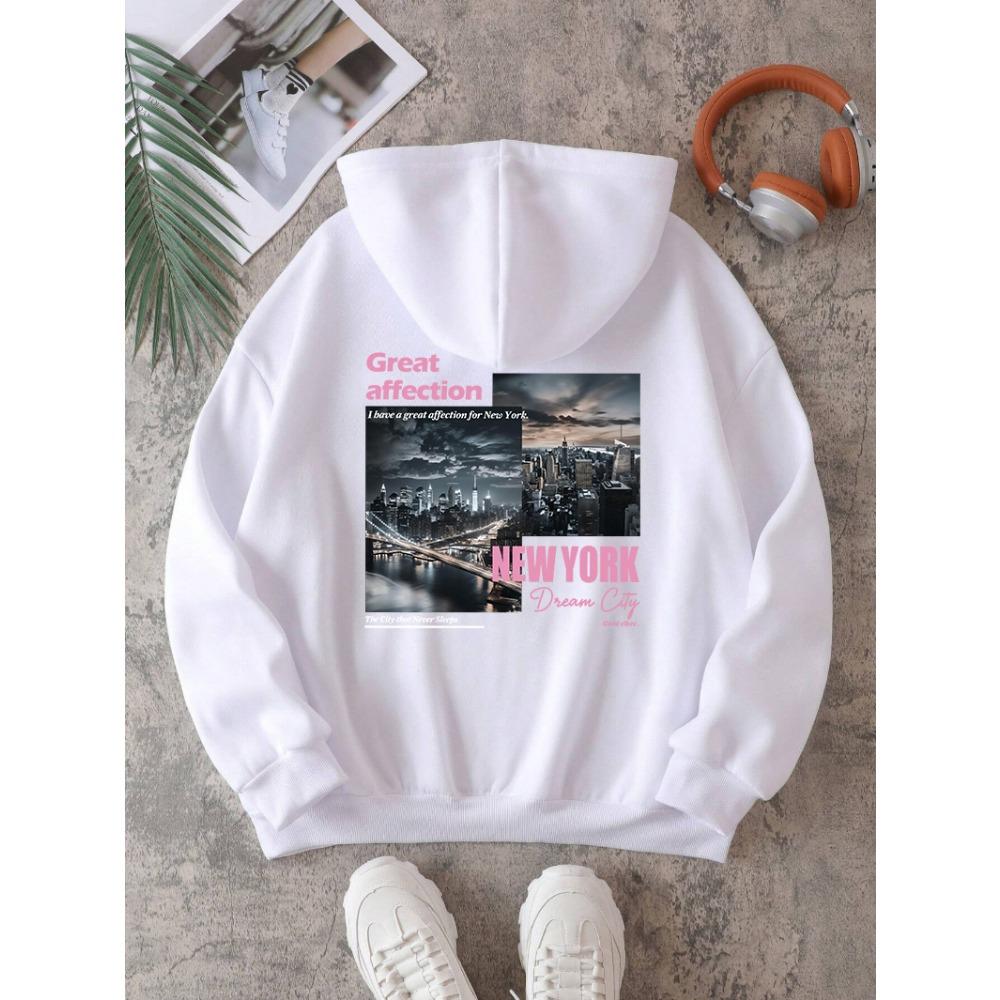 New York Dream City Printed Hoodies Casual Fashion Women Pullover Warm Pocket Sweatshirt Oversize Street Clothes