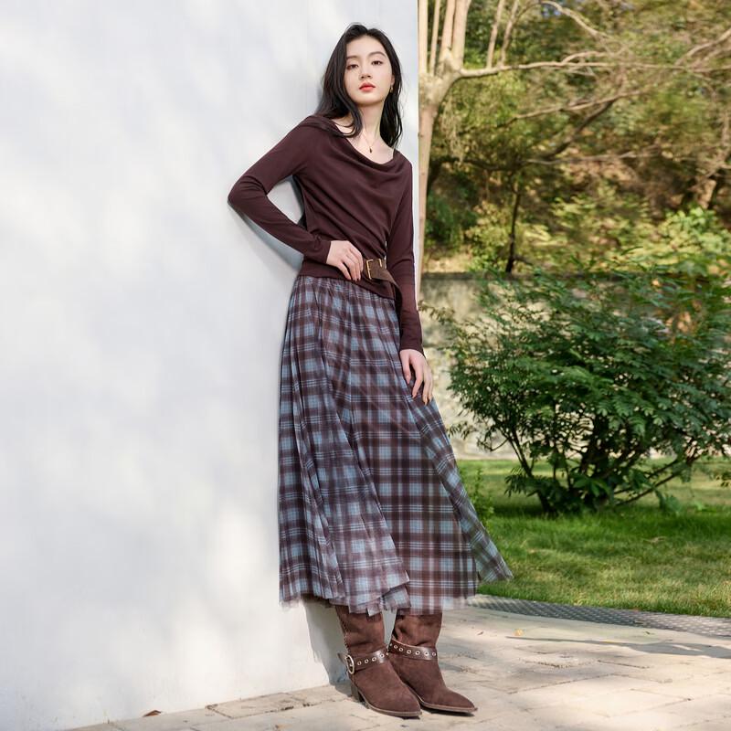Women's Plaid Mesh A-line Long Skirt