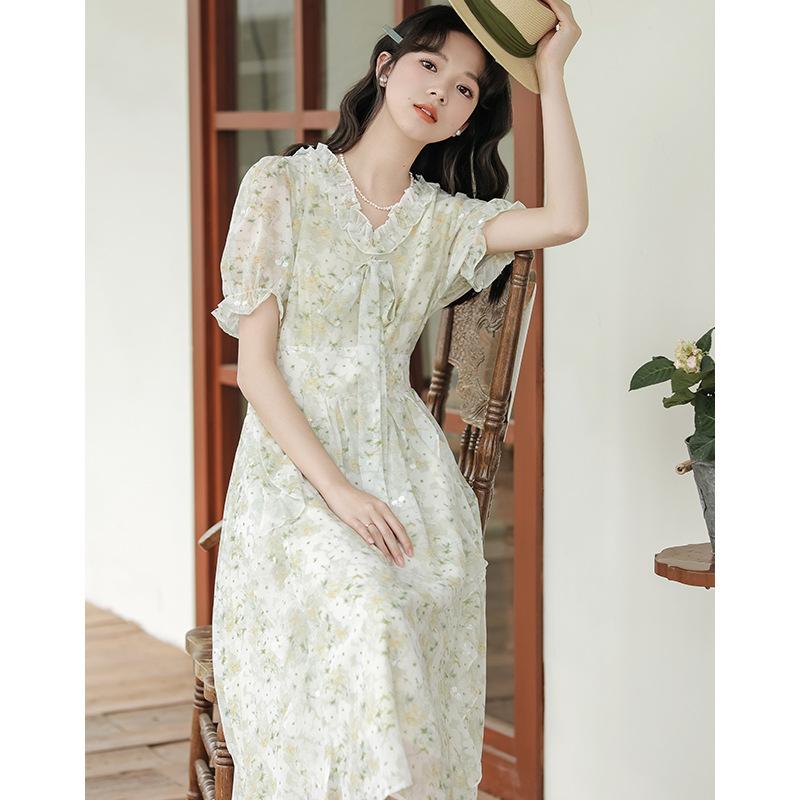 Summer Sweet Little Clear Lotus Leaf Edge Floral Dress Sweet Chiffon Short Sleeve Dress