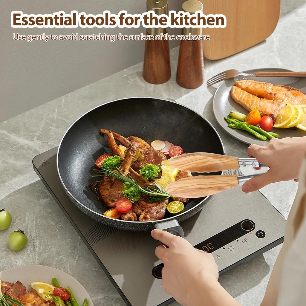 Olivenholz Kochzange mit Holzspitzen und Edelstahlgriff Verriegelbare Küchenzange Antihaft-Holzzange für Pfannen und BBQ