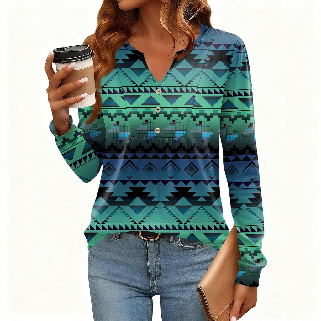 Women's Relaxed,Fit V,Neck Vintage Color,Blocked Floral Print Long,Sleeve Pullover Tee