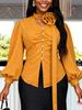 AOMEI V Neck Women Blouse 3D Flower Lantern Long Sleeve Button Up Tops for Ladies Daily Casual Wear