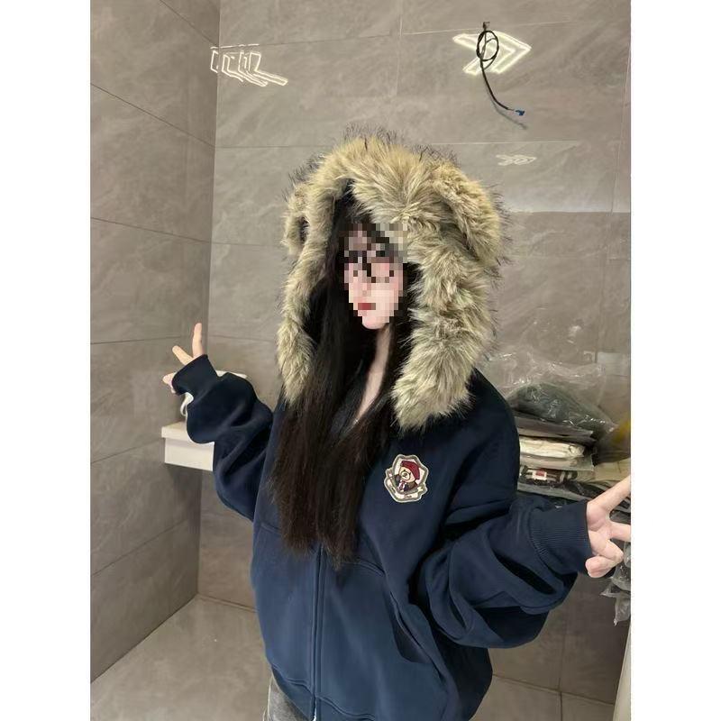 Women s Navy Blue Retro Embroidered Hoodie with Fur Collar and Zipper S