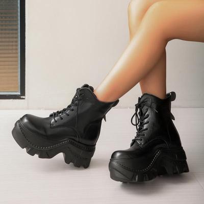 Punk Bottines Noires Unies à Semelles Épaisses Cheville Plateforme Chunky Talon Super Haut Bottes à Lacets Y2K Bottines Rehaussantes