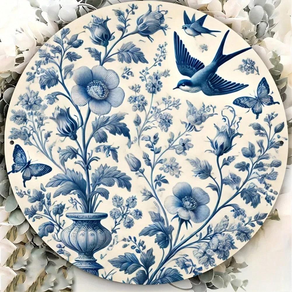 

Retro Round Aluminum Sign Blue Flower Bird Ceramic Style Wall Art Decor 20x20 разноцветный
