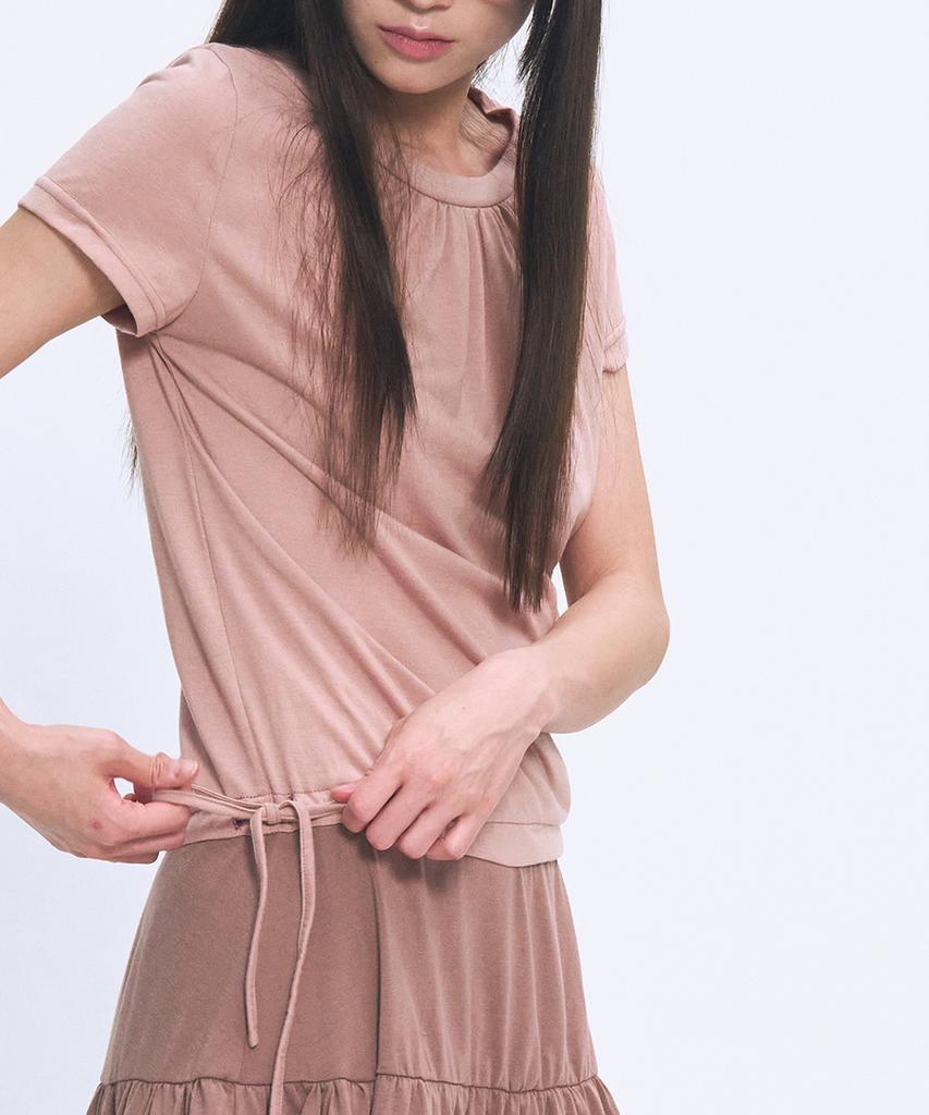 Some Place Shirred Frill Sleeveless Contrast Layered Flare Short Sleeve Midi Dress [Pink]