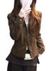Women's Turn-Down Collar Brown Workwear Jacket, Petite Short Style, Early Autumn American Design