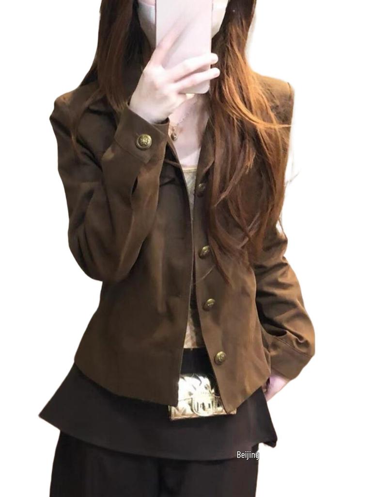 Women's Turn-Down Collar Brown Workwear Jacket, Petite Short Style, Early Autumn American Design