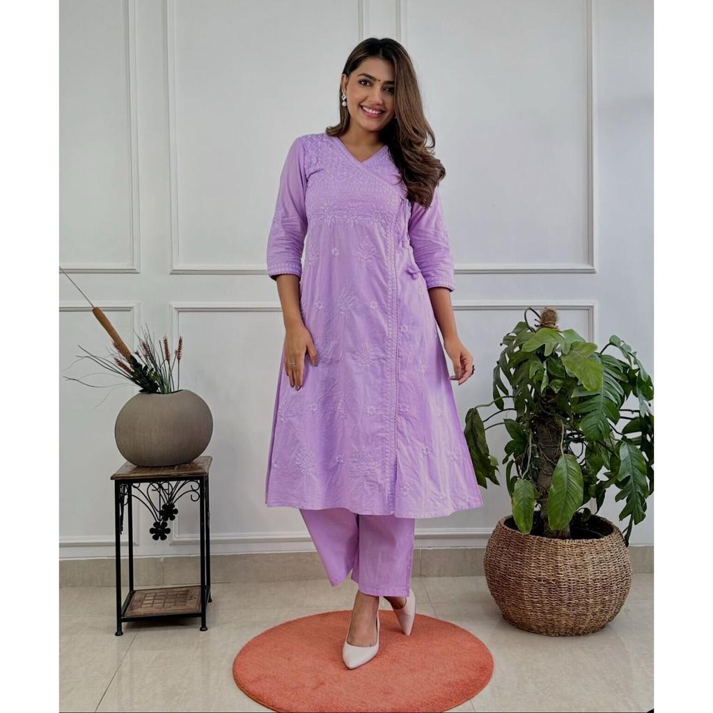 Women's Cotton Chikankari Angrakha Style Kurti Set Indian Pakistani Tunic Dress VF-1865