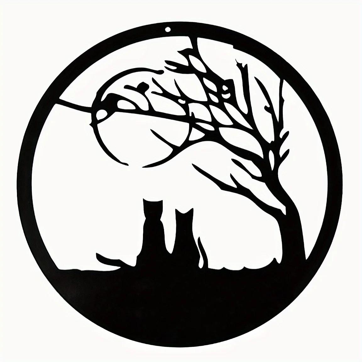 

Металлическая ажурная статуэтка кошки и дерева - поделки из деревенского животного, подвесное украшение для сада, двора и настенного искусства чёрный