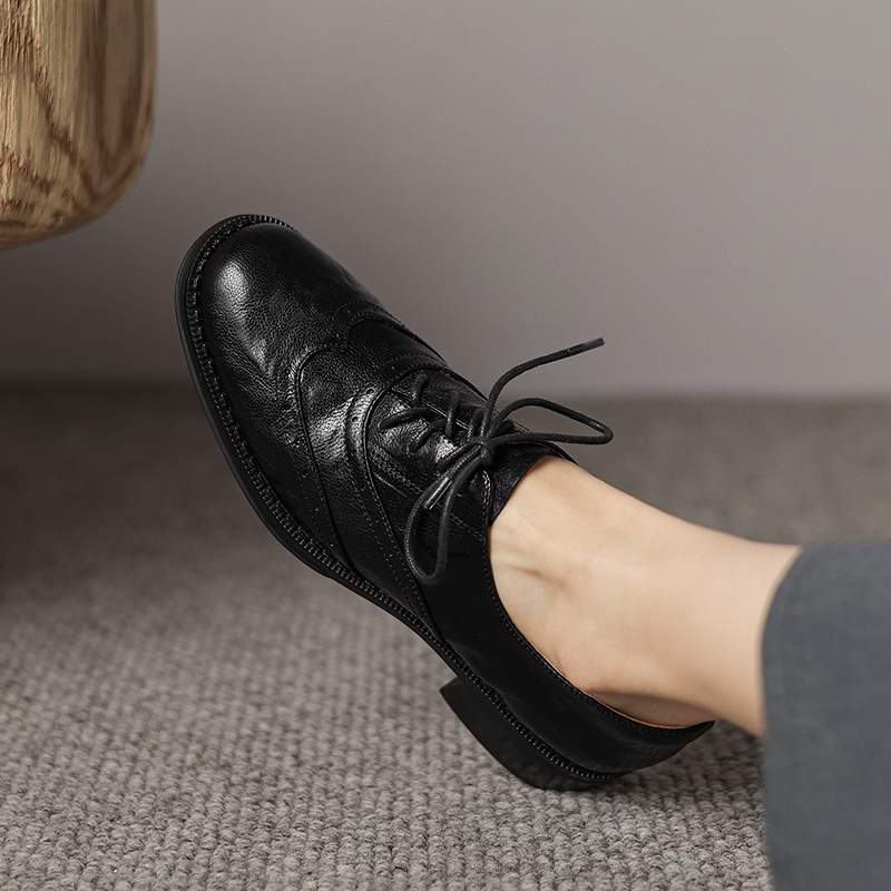 Krazing Pot Sheepskin Round Toe Thick Heels Autumn Lace Up Block Shoes Women Retro Fashion Pumps