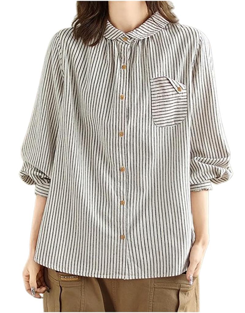 MRLuse Striped Loose with and Plus Easy To Move Linen Blouse, Cotton-Linen Look, Lightweight, Fit, Casual, Cufflinks, Spring, Summer, Fall, Women's,