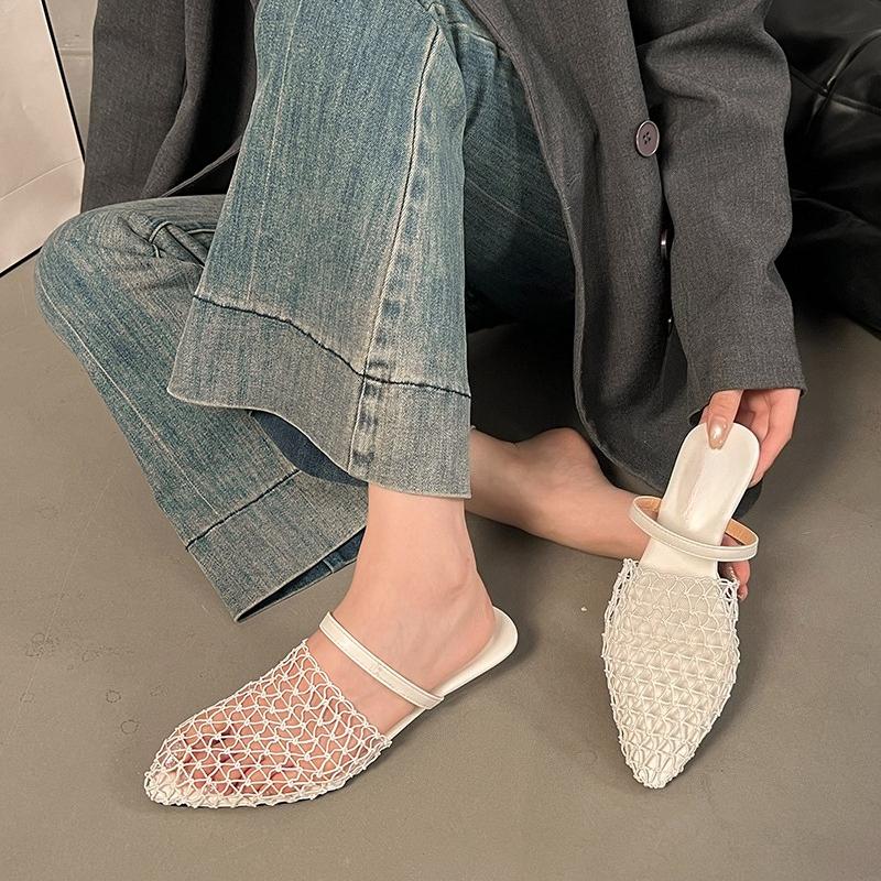Woven Mesh Breathable Sandals Summer New Pointed Toe Wrapped Toe Cover Foot Non-Slip Wear-Resistant Low Heel Slippers