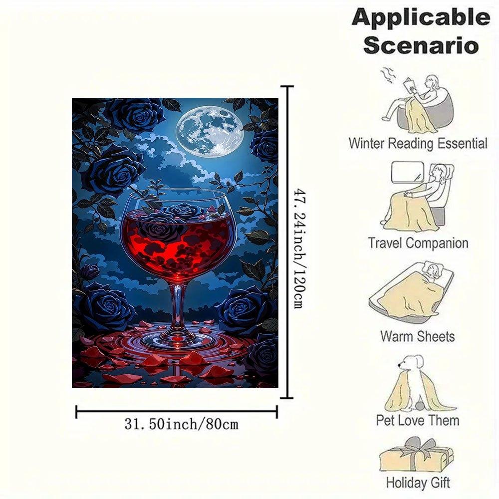 Midnight Elegance: Wine Glass with Blue Roses and Full MoonBlanket Flannel Throw Blanket for Sofa, Bed, Travel, Camping, Office, Couch, Chair