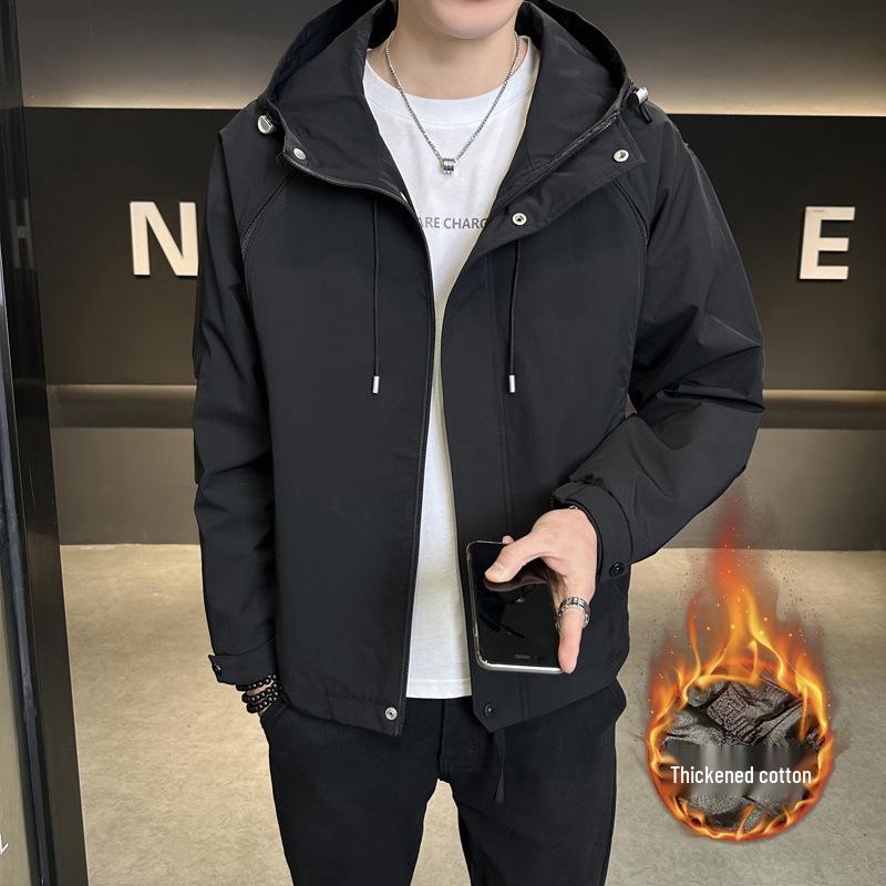 

Men s Trendy Cotton-Lined Windbreaker: Versatile Solid Color Hooded Jacket for a Simple Outdoor Look 4XL чорний
