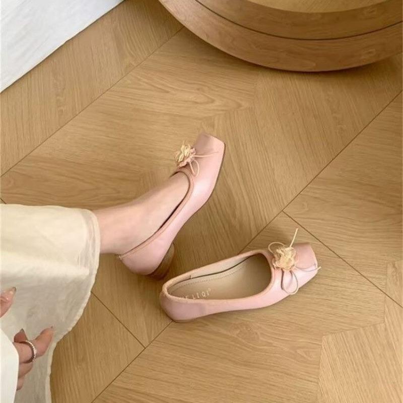 Fashion Women's Chunky Single Shoes Autumn New Square Head Shallow Mouth Flower Butterfly Knot Soft Sole Non-slip Low Top Shoes