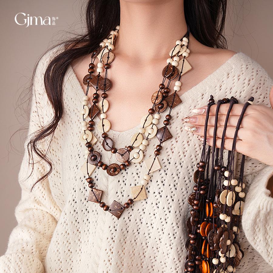 Bohemian Multi-layer Wood Bead Coconut Shell Flower Necklace Accessories Women's Exaggerated Sweater Chain Light Luxury Premium Sense Accessories
