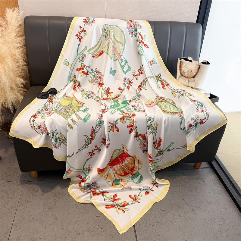 Saddle Flower Simulation Silk Premium 111cm Large Square Scarf Silk Scarf Printed Shawl Sunscreen Scarf Headscarf Scarf