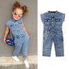 Little Girls Summer Denim Jumpsuit, ermeløs foldet krage Button-Down-antrekk, brystlommer i ett stykke Lange bukser Klær