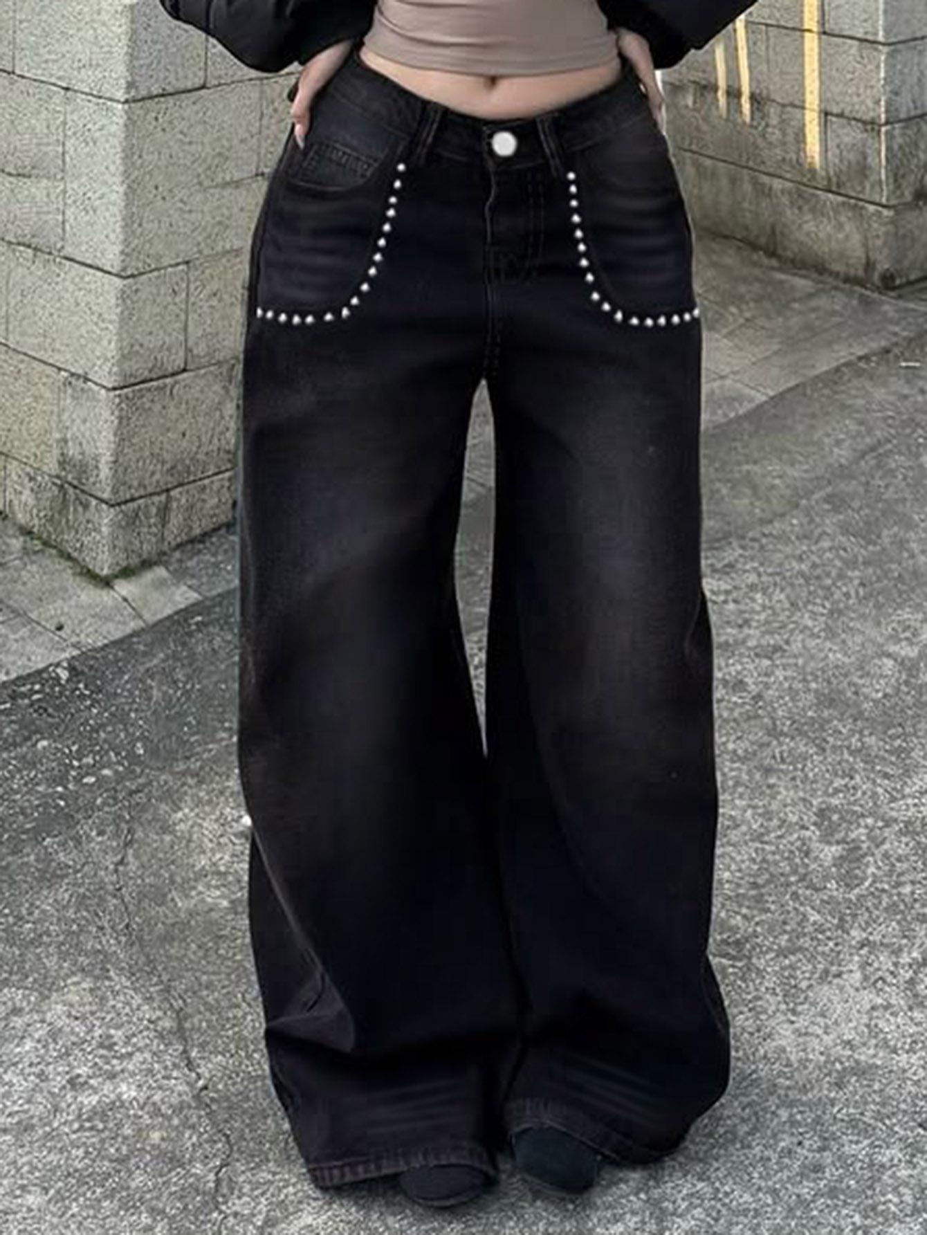 

Women s Riveted Black Washed Denim Jeans - Casual Loose Straight Leg Pants for Spring/Summer XXL чёрный