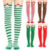 Women Christmas Striped Red & Green Long Socks Costume Accessories Kneehigh Socks Comfortable Over Knee with Santa Doll