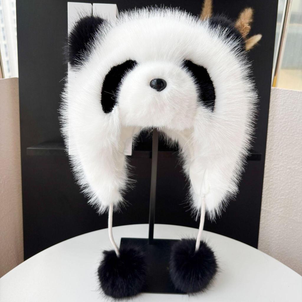 Módní zimní panda klobouk s klapkami na uši z umělé liščí kožešiny pro dospělé a děti