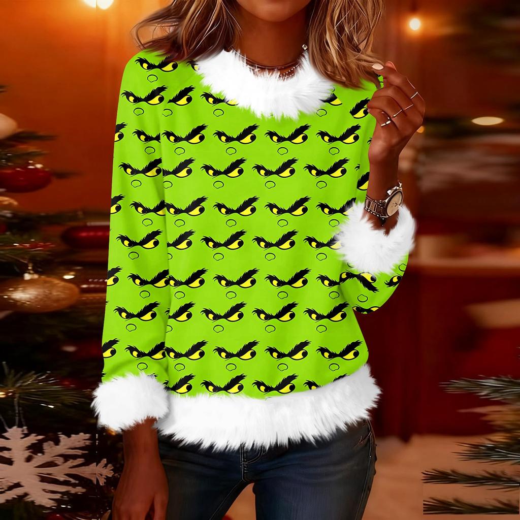 Damen Modisches Weihnachten Bedrucktes Rundhals Langarm Casual Pullover T-Shirt Top