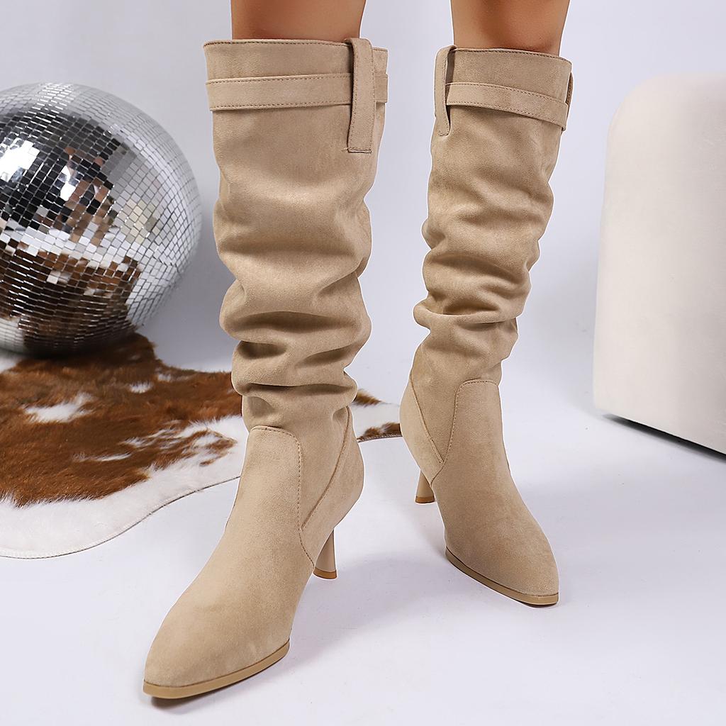 Fashion New Style Fashion Women's Knee-High Women's Boots Slip on Modern Boots Women Leopard Pleated Pointed Toe Thin Heel Shoes Women