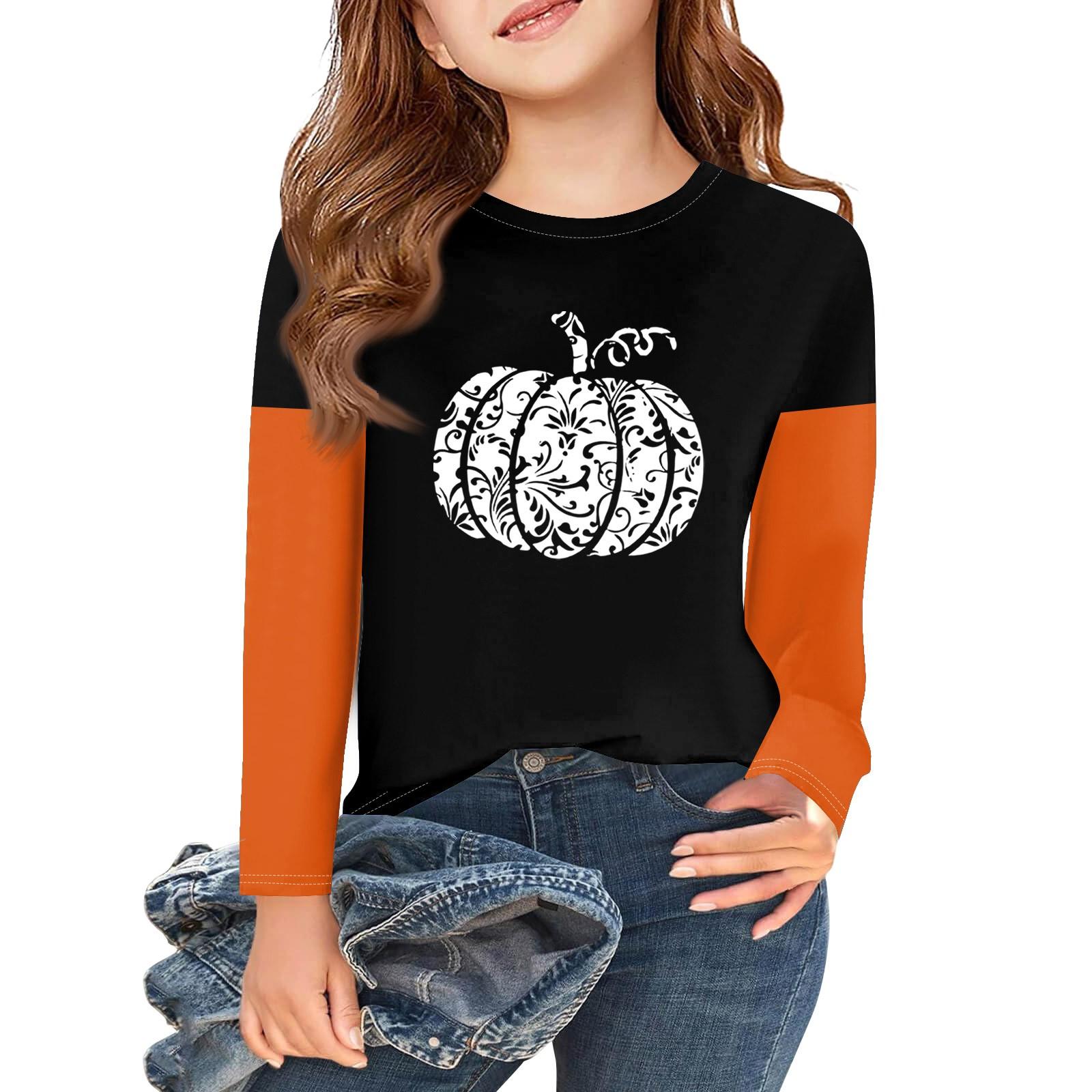 

Футболки с длинным рукавом для девочек на Хэллоуин, детские осенние топы с круглым вырезом, базовые футболки 2-11 лет 160 белый