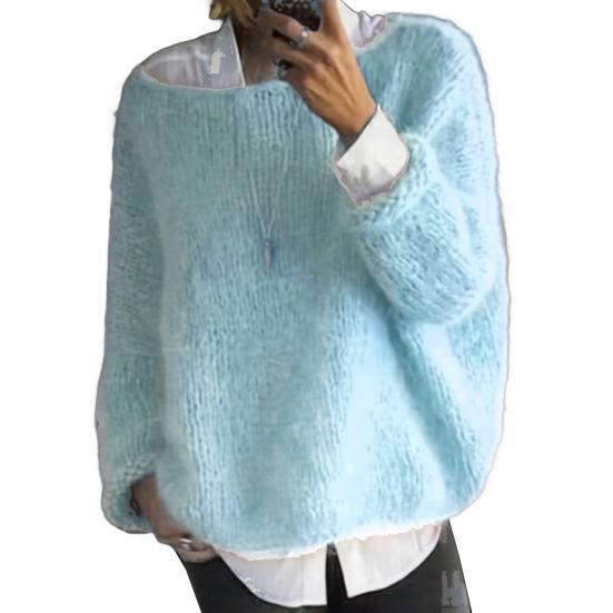 Women Sweater Round Neck Long Sleeve Loose Fit Knitting Tops Breathable Loose Hem Solid Color Knitwear