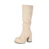 Stivali Alti da Donna in Camoscio con Tacco Chunky e Punta Tonda - Piattaforma Impermeabile Pieghettata Autunno/Inverno.